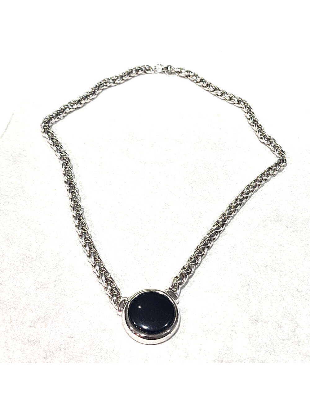 Napier Vintage Signed Silver Woven Chain Necklace Black Onyx Cabochon Heavy 80s